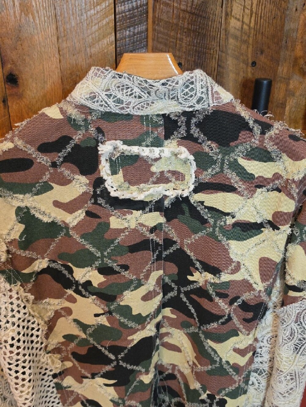 051p POL Patchwork Camouflage and Lace Jacket in Green and Brown - Picture 10 of 16